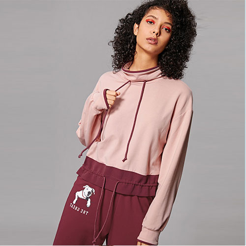 2018 Drawstring Neck And Hem Two Tone Sweatshirt