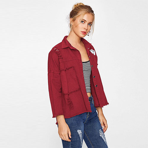 2018 Drop Shoulder Patch Back Distressed Jacket