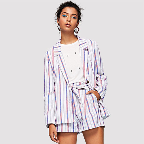 2018 Hot Notch Collar Roll Tab Sleeve Pinstripe Blazer