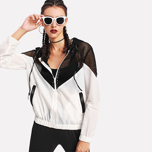 2018 Hot Two Tone Mesh Panel Hooded Jacket