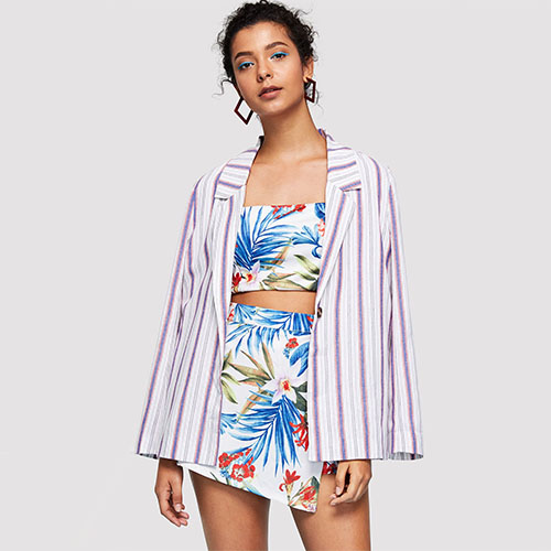 2018 Hot Notch Collar Roll Tab Sleeve Pinstripe Blazer