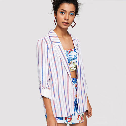2018 Hot Notch Collar Roll Tab Sleeve Pinstripe Blazer
