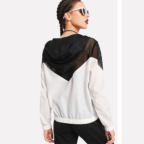 2018 Hot Two Tone Mesh Panel Hooded Jacket