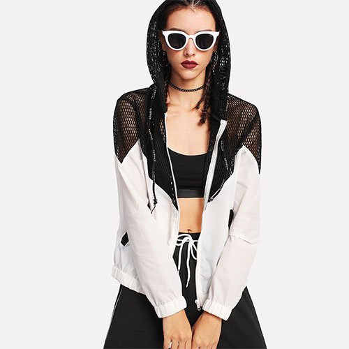 2018 Hot Two Tone Mesh Panel Hooded Jacket