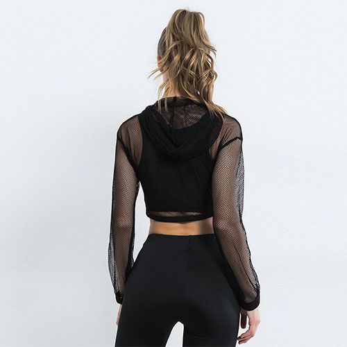 2018 See-Through Lace Up Crop Mesh Hoodie Without Bra